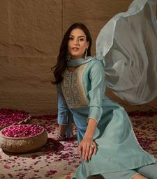 grey color embroidered poly silk styles kurta trouser with dupatta