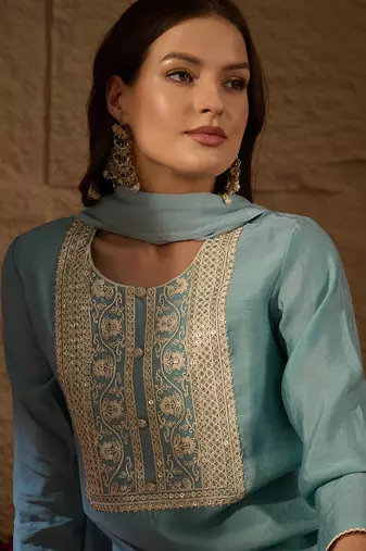 grey color embroidered poly silk styles kurta trouser with dupatta