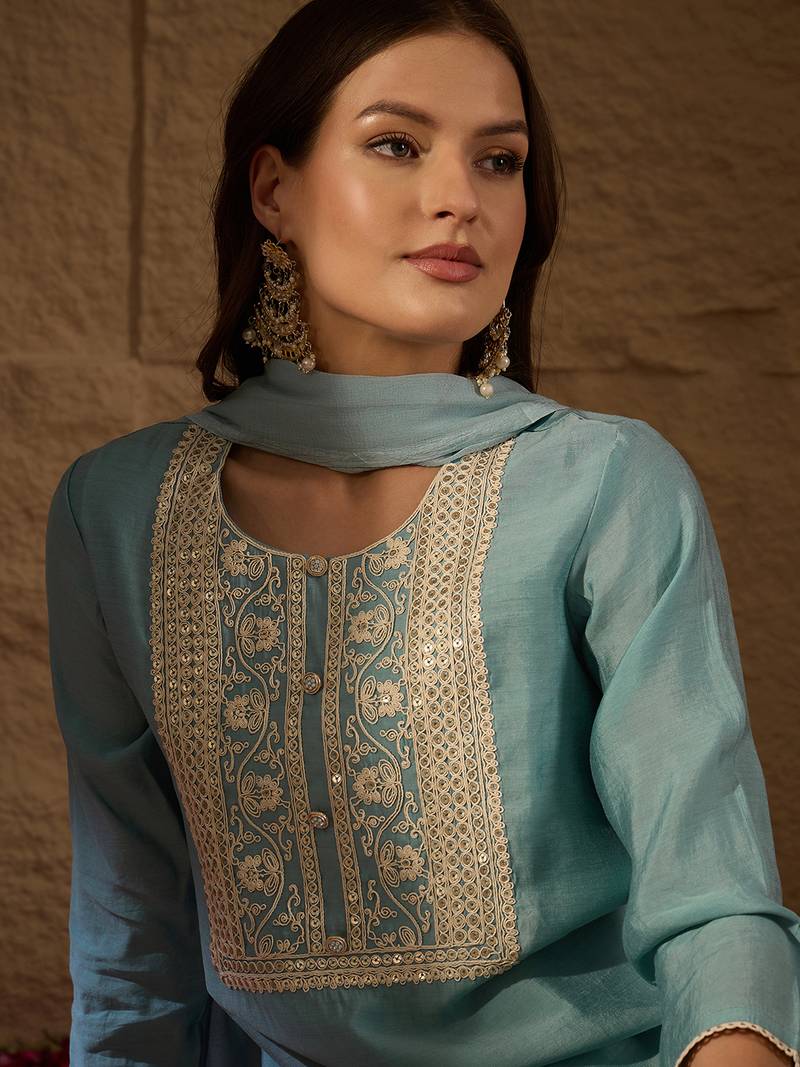 grey color embroidered poly silk styles kurta trouser with dupatta