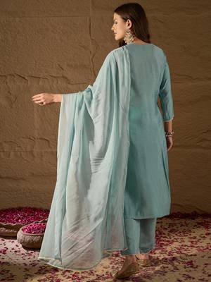 grey color embroidered poly silk styles kurta trouser with dupatta 4