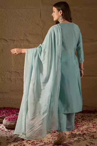 grey color embroidered poly silk styles kurta trouser with dupatta