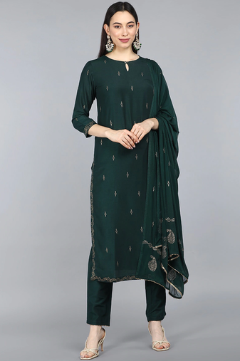 green color printed poly silk styles kurta trouser with dupatta