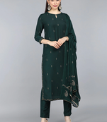 green color printed poly silk styles kurta trouser with dupatta