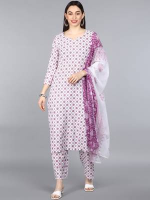 White Silk Printed Ethnic Motifs Suit Set 1