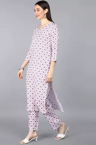 White Silk Printed Ethnic Motifs Suit Set