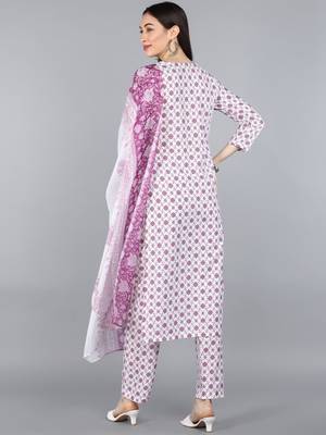 White Silk Printed Ethnic Motifs Suit Set 4