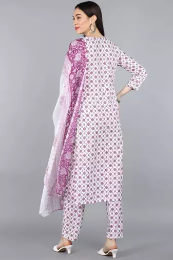 White Silk Printed Ethnic Motifs Suit Set