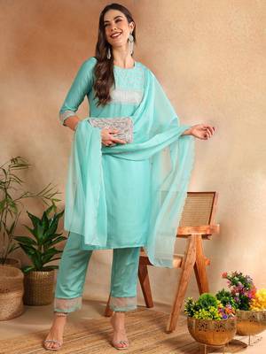 sea green color embroidered poly silk styles kurta trouser with dupatta 1