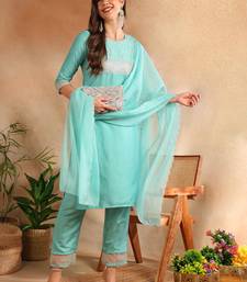 sea green color embroidered poly silk styles kurta trouser with dupatta