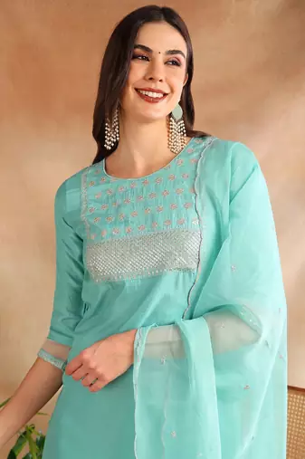 sea green color embroidered poly silk styles kurta trouser with dupatta