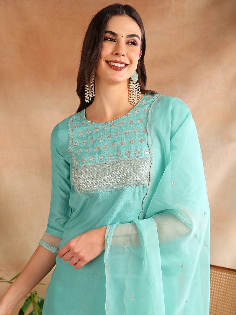 sea green color embroidered poly silk styles kurta trouser with dupatta