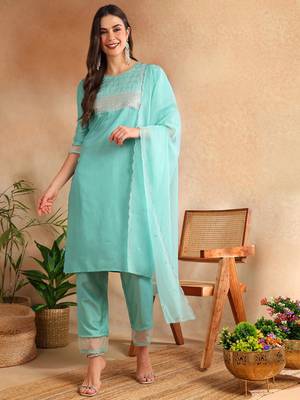 sea green color embroidered poly silk styles kurta trouser with dupatta 3