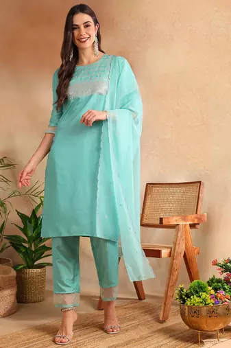sea green color embroidered poly silk styles kurta trouser with dupatta
