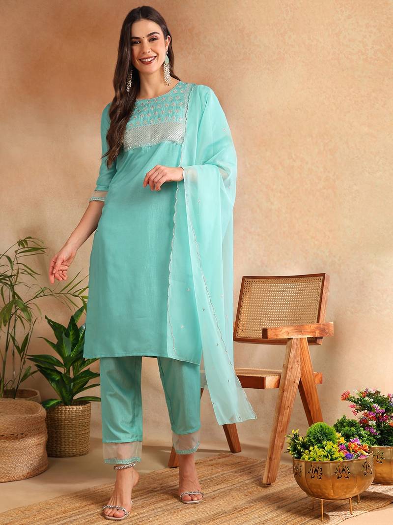sea green color embroidered poly silk styles kurta trouser with dupatta