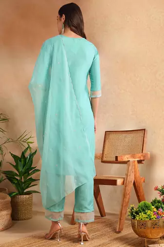sea green color embroidered poly silk styles kurta trouser with dupatta
