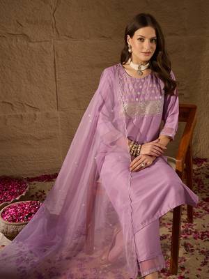 lavender color embroidered poly silk styles kurta trouser with dupatta 1