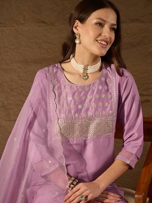 lavender color embroidered poly silk styles kurta trouser with dupatta 2
