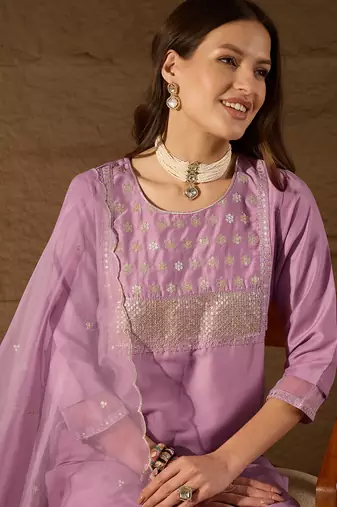 lavender color embroidered poly silk styles kurta trouser with dupatta