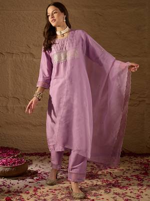 lavender color embroidered poly silk styles kurta trouser with dupatta 3
