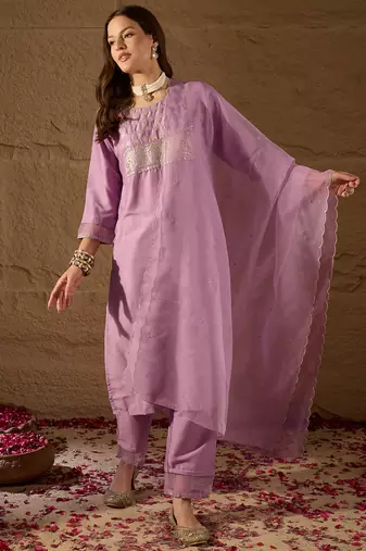 lavender color embroidered poly silk styles kurta trouser with dupatta