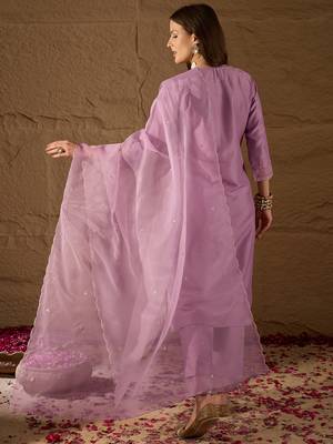 lavender color embroidered poly silk styles kurta trouser with dupatta 4