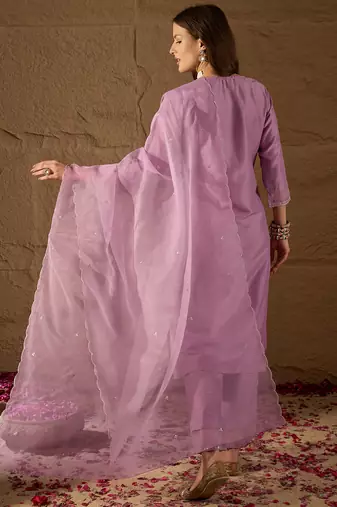 lavender color embroidered poly silk styles kurta trouser with dupatta