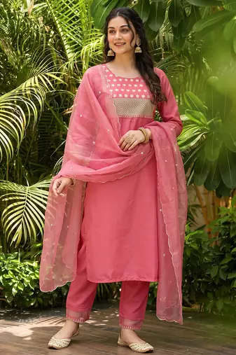 pink color embroidered poly silk styles kurta trouser with dupatta