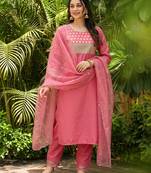 pink color embroidered poly silk styles kurta trouser with dupatta