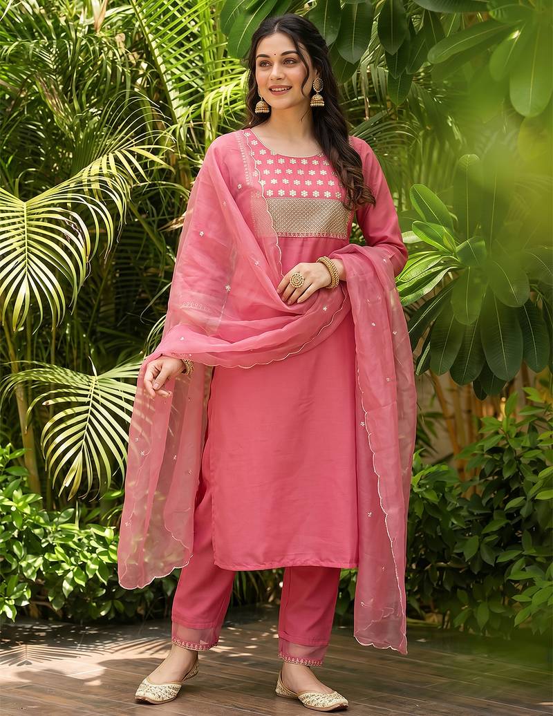 pink color embroidered poly silk styles kurta trouser with dupatta