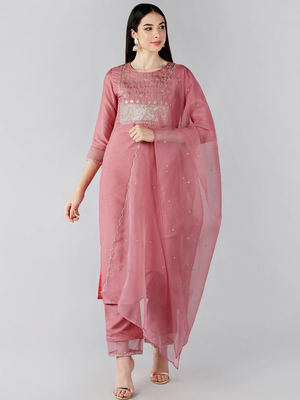 pink color embroidered poly silk styles kurta trouser with dupatta 1