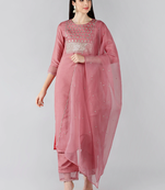 pink color embroidered poly silk styles kurta trouser with dupatta