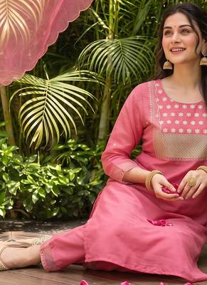 pink color embroidered poly silk styles kurta trouser with dupatta 2
