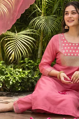 pink color embroidered poly silk styles kurta trouser with dupatta