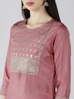 pink color embroidered poly silk styles kurta trouser with dupatta 2