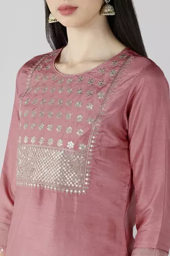 pink color embroidered poly silk styles kurta trouser with dupatta