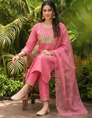 pink color embroidered poly silk styles kurta trouser with dupatta 3