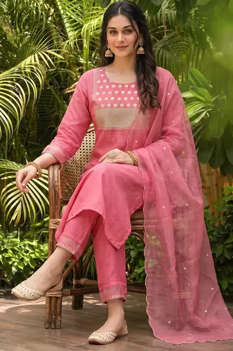 pink color embroidered poly silk styles kurta trouser with dupatta