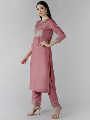 pink color embroidered poly silk styles kurta trouser with dupatta 3