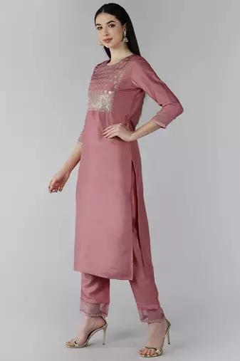 pink color embroidered poly silk styles kurta trouser with dupatta