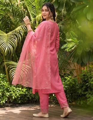 pink color embroidered poly silk styles kurta trouser with dupatta 4