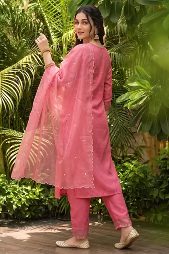 pink color embroidered poly silk styles kurta trouser with dupatta