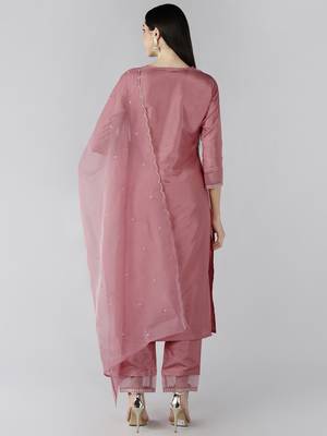 pink color embroidered poly silk styles kurta trouser with dupatta 4