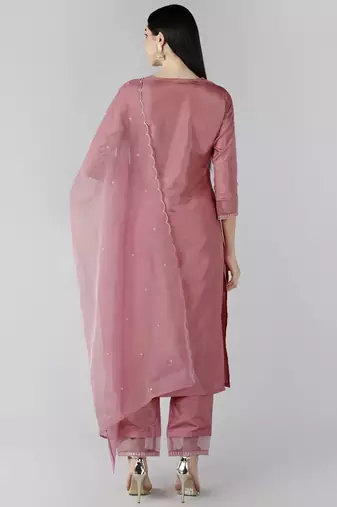 pink color embroidered poly silk styles kurta trouser with dupatta