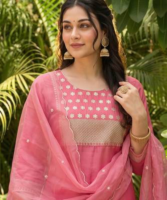 pink color embroidered poly silk styles kurta trouser with dupatta 5