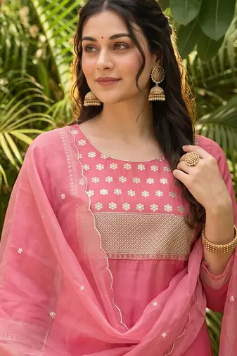 pink color embroidered poly silk styles kurta trouser with dupatta