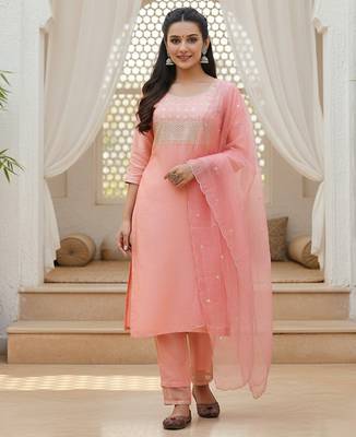 peach color embroidered poly silk styles kurta trouser with dupatta 1