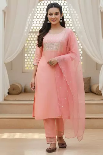 peach color embroidered poly silk styles kurta trouser with dupatta
