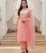 peach color embroidered poly silk styles kurta trouser with dupatta