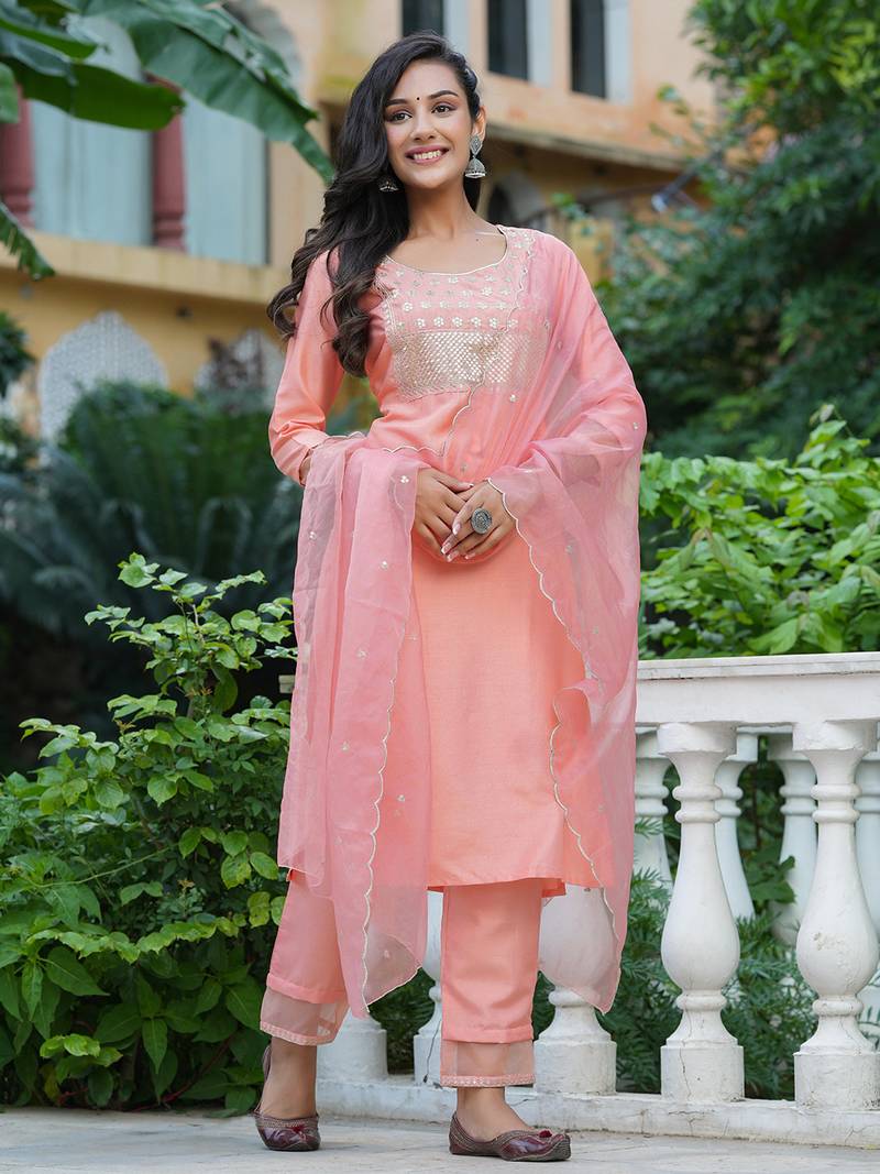 peach color embroidered poly silk styles kurta trouser with dupatta