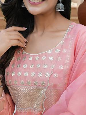 peach color embroidered poly silk styles kurta trouser with dupatta 2